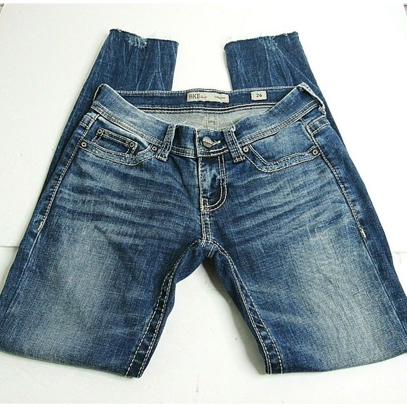 BKE "Sabrina" Dark Wash, Blue Denim Raw Hem Skinny Jeans SZ 26" x 29" x 7" Rise - Picture 1 of 10